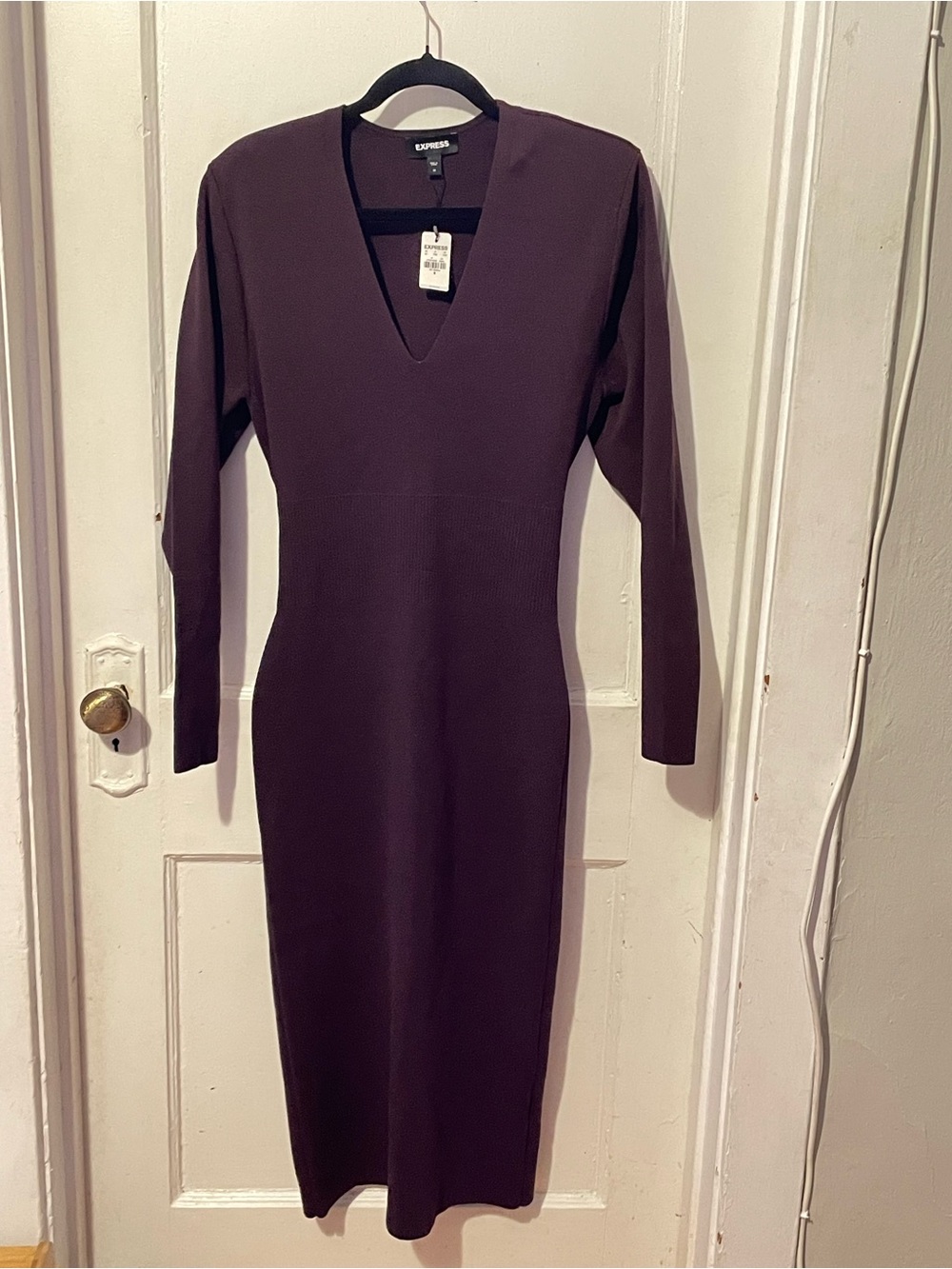 Express Deep Plum Long Sleeve V-Neck Midi Dress